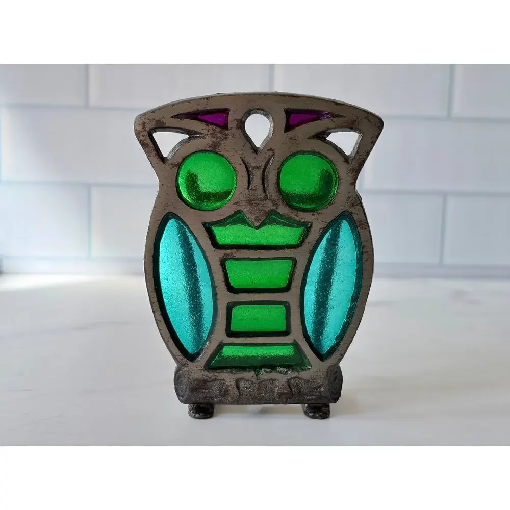 Vintage Cast Metal Owl Napkin Holder | Faux Stained Glass Adjustable Clamp